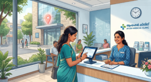 Indian doctor clinic reception with digital check-in representing doctor SEO India
