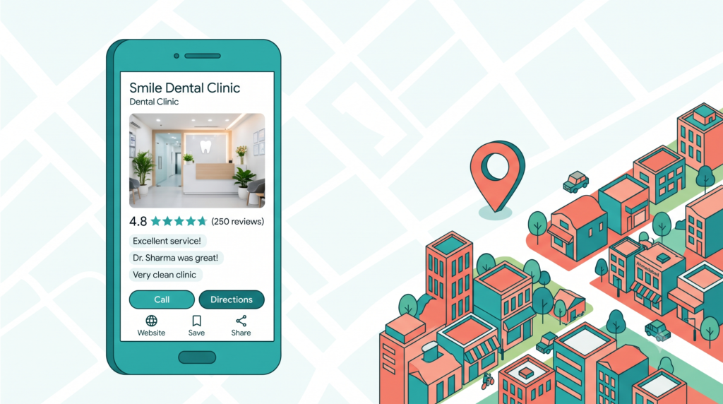 Optimised Google Business Profile of a dental clinic in India shown on a smartphone